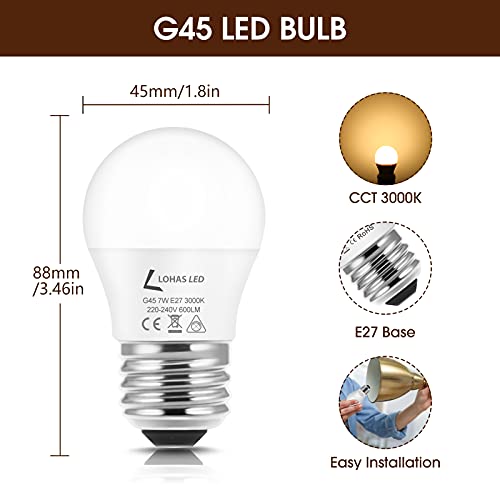 LOHAS 7W E27 Bombilla LED, Bombillas LED G45 Esférica, equivalente a 60W, Blanco Cálido 3000K, 600 Lumens, E27 Rosca Edison bombillas, Bombilla LED E27, No Regulable,Paquete de 6