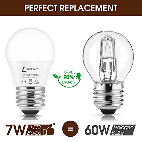 LOHAS 7W E27 Bombilla LED, Bombillas LED G45 Esférica, equivalente a 60W, Blanco Cálido 3000K, 600 Lumens, E27 Rosca Edison bombillas, Bombilla LED E27, No Regulable,Paquete de 6