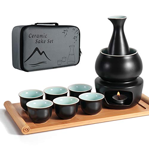 LOUTYTUO Juego de Sake de cerámica + Bandeja de bambú para Olla más Caliente, Bebida Saki Caliente de cerámica Segura para Estufa, Caja de Regalo de Almacenamiento de Sake de 10 Piezas