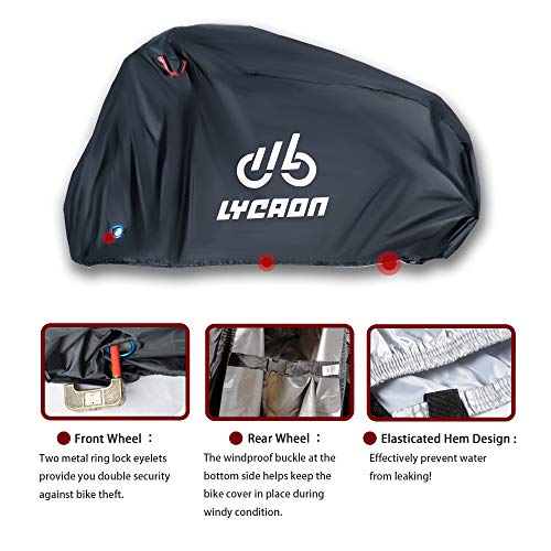 LYCAON Fundas para Bicicletas, 210D Poly Fabric UV Protection Impermeable Anti Dust Bike Rain Cover para Bicicletas de Carretera de Montaña, con Bolsa de Almacenamiento (For 26'' Bike/Negro)