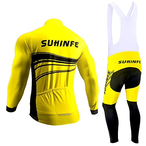 Maillot Ciclismo Invierno Hombre Manga Larga, Ropa Ciclismo Forro Polar Térmico con Cremallera Completa, Tira Reflectante y y Pantalón con Pechera Ciclismo para Mantener el Calor, Amarillo, XXL