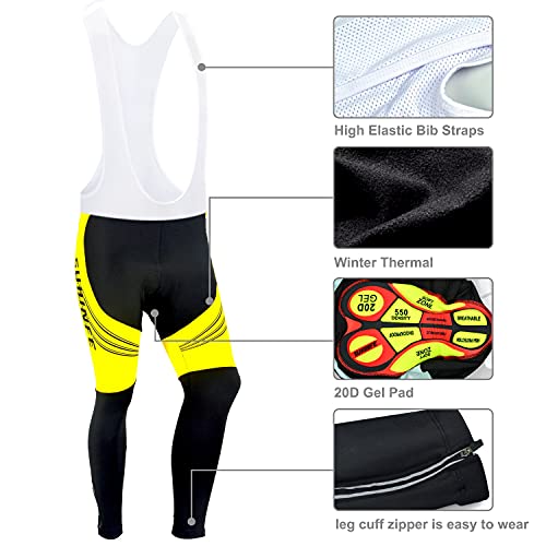 Maillot Ciclismo Invierno Hombre Manga Larga, Ropa Ciclismo Forro Polar Térmico con Cremallera Completa, Tira Reflectante y y Pantalón con Pechera Ciclismo para Mantener el Calor, Amarillo, XXL