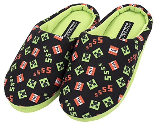 Minecraft - Pantuflas para Niños - Pantuflas Negras de Minecraft - Diseño del Creeper de Minecraft y Cajas de TNT - Ropa de Minecraft - Pantuflas para Niños Talla UK 1 / EUR 33, Edad 8