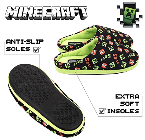 Minecraft - Pantuflas para Niños - Pantuflas Negras de Minecraft - Diseño del Creeper de Minecraft y Cajas de TNT - Ropa de Minecraft - Pantuflas para Niños Talla UK 1 / EUR 33, Edad 8