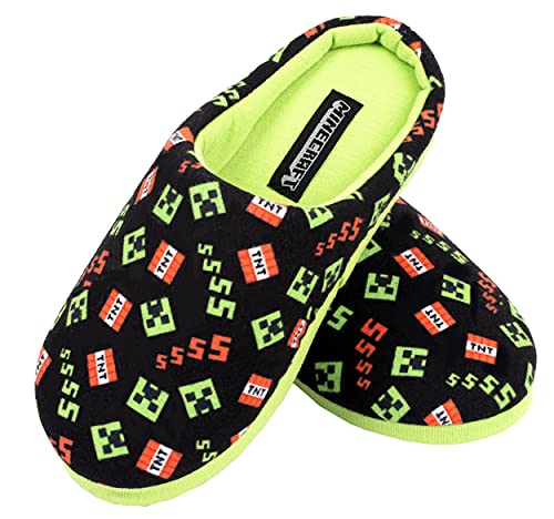 Minecraft - Pantuflas para Niños - Pantuflas Negras de Minecraft - Diseño del Creeper de Minecraft y Cajas de TNT - Ropa de Minecraft - Pantuflas para Niños Talla UK 1 / EUR 33, Edad 8