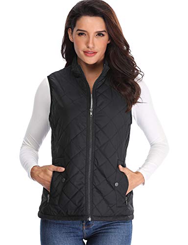 MISS MOLY Chaquetas para Mujer de Pelo Negro Puffer Chalecos Acolchados Cuello Botones Bolsillos Delanteros con Cremallera Lados - XL