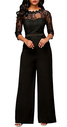 Monos De Vestir Mujer Largo Pantalon Elegante Verano Splice Encaje Mangas 3/4 Mono De Noche Moda Casual Transparentes Ropa Fiesta Modernas Pata Ancha Jumpsuit