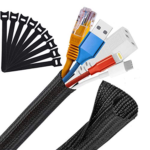 MOSOTECH Organizador Cables, 2X 1,6m Cubre Cables Expandible, Diámetro Ajustable de 16 a 28 mm, con 10 Reutilizables Bridas, para Hogar y Oficina Recoge Organizar Ocultar Ordenar Cables