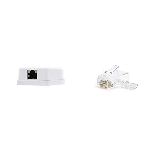 NanoCable 10.21.1501 - Roseta de superficie RJ45 con 1 toma de conexión Cat.6 UTP, blanco + 10.21.0201 - Conector para cable de red Ethernet RJ45, 8 hilos Cat.6 UTP, bolsa de 10 unidades