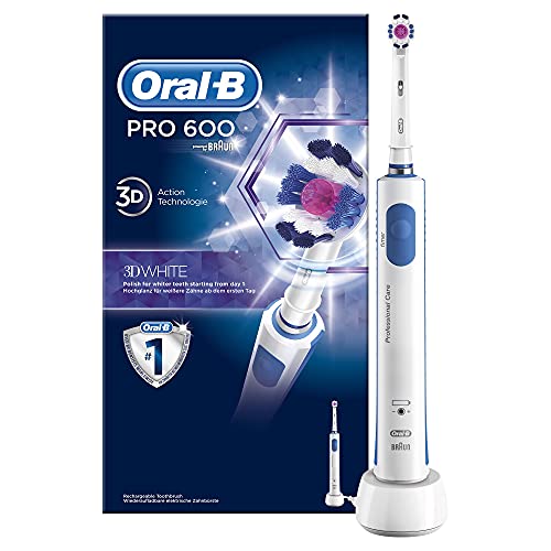 Oral-B PRO 600 3D White Cepillo de Dientes Eléctrico con Mango Recargable, Tecnología Braun y 1 Cabezal de Recambio - Blanco