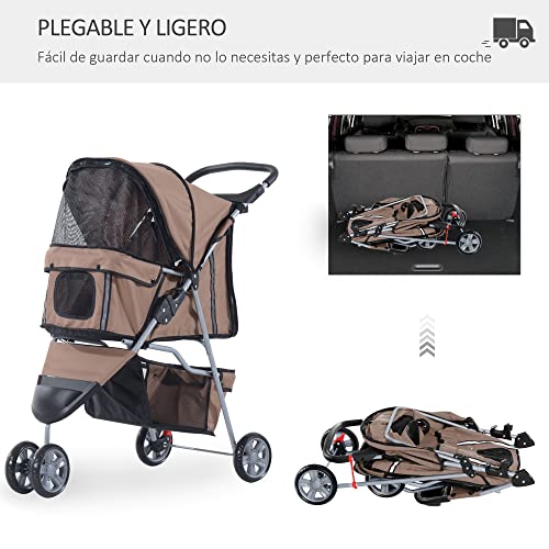 PawHut Cochecito Plegable Mascotas 75x45x97cm Perros Gatos Carrito Ruedas giran 360º Cafe