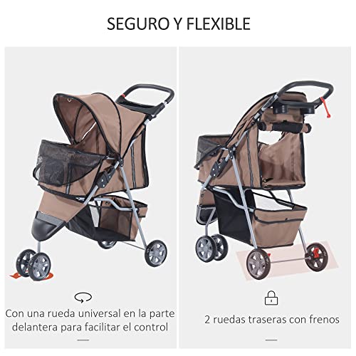 PawHut Cochecito Plegable Mascotas 75x45x97cm Perros Gatos Carrito Ruedas giran 360º Cafe