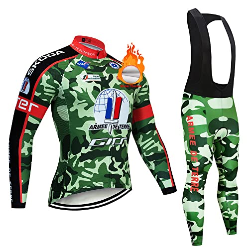 PENGFEICI Ropa Ciclismo Invierno Hombre, Maillot Ciclismo Polar Térmico de Manga Larga y Pantalones Largos de Ciclismo Acolchados con Gel de Alta Densidad para Bicicleta de Carretera y MTB