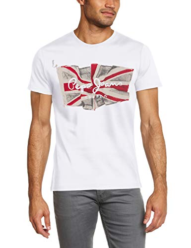 Pepe Jeans Flag Logo Camiseta, Blanco (Optic White 802), Large para Hombre