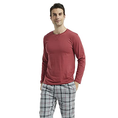 PimpamTex – Pijama Franela de Hombre con Pantalón y Manga Larga, Conjunto de Pijama de Invierno 100% Algodón y Franela para Hombre y Chico (L, Cuadro Víctor Burdeos)