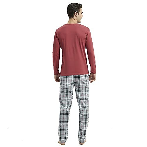 PimpamTex – Pijama Franela de Hombre con Pantalón y Manga Larga, Conjunto de Pijama de Invierno 100% Algodón y Franela para Hombre y Chico (L, Cuadro Víctor Burdeos)