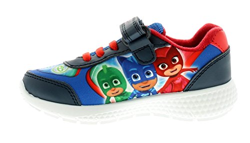 PJ MASKS Infantil Zapatillas Sintético y Textil Parte Superior DE Cierre Adhesivo Tira Contraste Color Elástico Cordones Y CGI Estampado Imagen de Gekko, California - Azul Marino/Rojo/Verde, 38