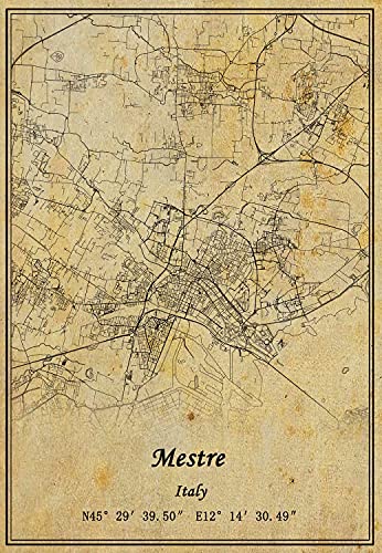 Póster de mapa de Italia Mestre para pared con impresión en lienzo, estilo vintage, sin marco, decoración de regalo 30,5 x 40,6 cm