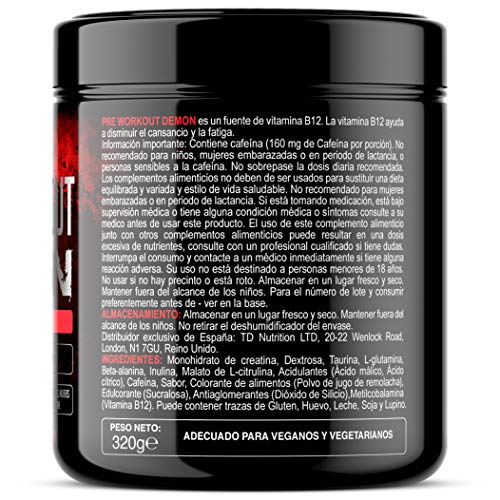 Pre Workout Demon (Sabor Frutas del Bosque) - Suplemento Potente pre-Entreno con Creatina, Cafeína, Beta-Alanina y Glutamina (Envase de 320 Gramos - 40 Porciones)