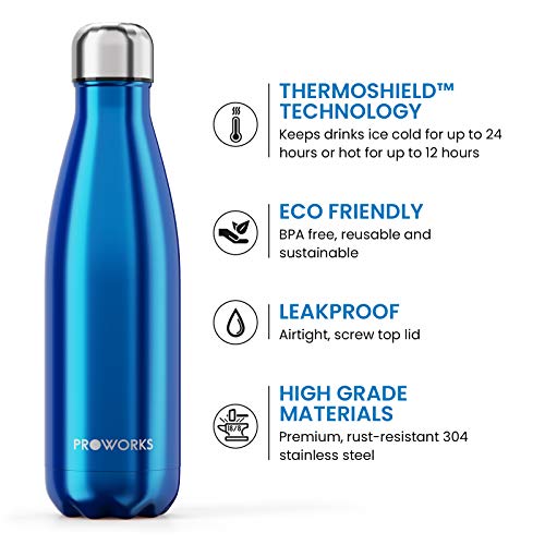 Proworks Botellas de Agua Deportiva de Acero Inoxidable | Cantimplora Termo con Doble Aislamiento para 12 Horas de Bebida Caliente y 24 Horas de Bebida Fría - Libre de BPA - 750ml – Azul Metalizado