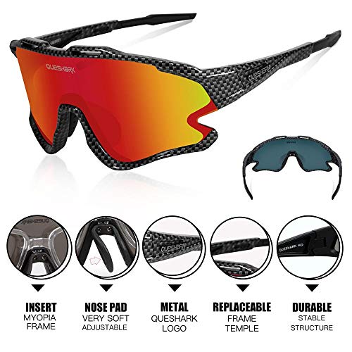 Queshark Gafas Ciclismo Deportivas con Montura MTB TR90 Gafas de Bicicleta para Hombres Mujeres con 1 Polarizadas 3 HD Lentes Intercambiables Anti-UV400 QE0051