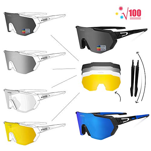 Queshark Gafas De Sol Polarizadas para Ciclismo con 5 Lentes Intercambiables, Protección UVA & UVB, Bicicleta de Carretera MTB Gafas de Ciclismo,Certificación CE