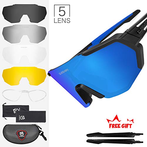 Queshark Gafas De Sol Polarizadas para Ciclismo con 5 Lentes Intercambiables, Protección UVA & UVB, Bicicleta de Carretera MTB Gafas de Ciclismo,Certificación CE