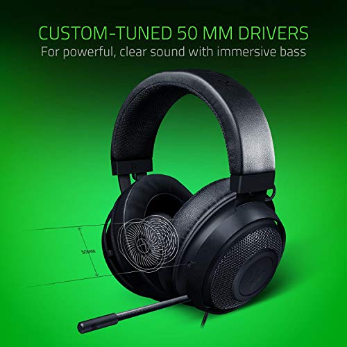 Razer Kraken - Auriculares Gaming con Cable para Juegos multiplataforma para PC, PS4, Xbox One & Switch, Diafragma 50 mm, Cable de 3.5mm con Controles de línea - Negro