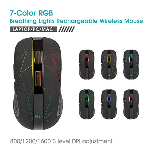 Rii RM200 Ratón inalámbrico con batería Recargable,5 Botones Receptor Nano 2.4 GHz, 3 Niveles dpi Ajustables Multicolor LED, Ideal para Notebooks, PC, Ordenadores. (Negro).