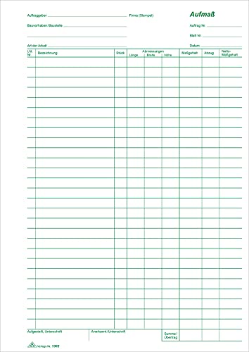 RNK 1302 Diverse formularios y Impresiones aufmass bloque A4 100 Hojas