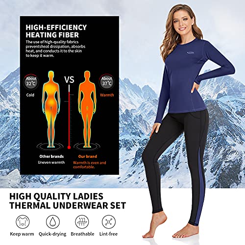 Ropa Interior Térmica Mujer, Camiseta Térmica Mujer Deportes Ropa Interior Funcional Conjuntos Térmicos Termo Invierno Otoño con muy elástica para Running Esquí Montaña Ciclismo Fitness Azul L