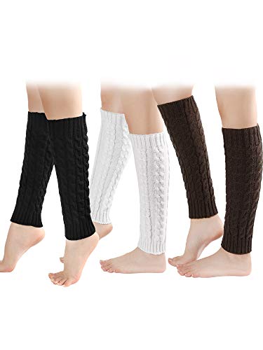 SATINIOR 3 Pares de Calentadores de Pierna de Ganchillo de Punto Calentadores de Pierna de Punto de Cable Calcetines de Invierno para Mujeres (Negro, Blanco y Gris)