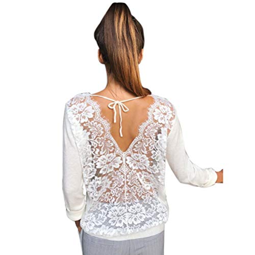 SHOBDW Mujeres de Manga Larga sólido sin Espalda O-Cuello de Encaje Sexy Sudadera Pullover Tops Blusa de otoño Camisa(Blanco,S)