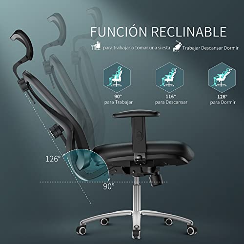 Silla Ergonomica, mfavour Silla Oficina Ergonomica con Respaldo Alto de Malla, Silla Escritorio con Soporte Lumbar para Reposacabezas y Reposabrazos Ajustable, Negro