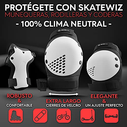 SKATEWIZ Protecciones Patines Adulto - Smash Talla L en Blanco y Negro - Protecciones Skate Adulto - Rodilleras Skate - Protecciones para Patinaje