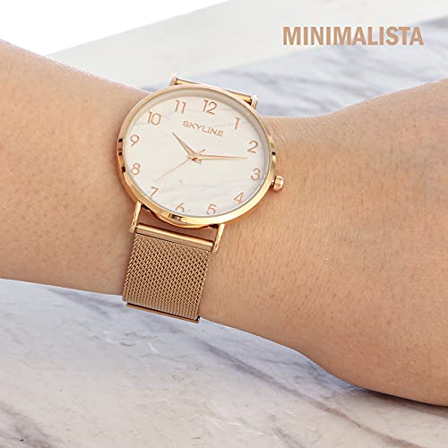 SKYLINE, Reloj de Pulsera para Mujer, Acero Inoxidable, Correa Estilo Malla, Pila Extra, Diseño Elegante Ideal para Uso Diario, Regalo en Fechas Especiales, Diseño de Europa