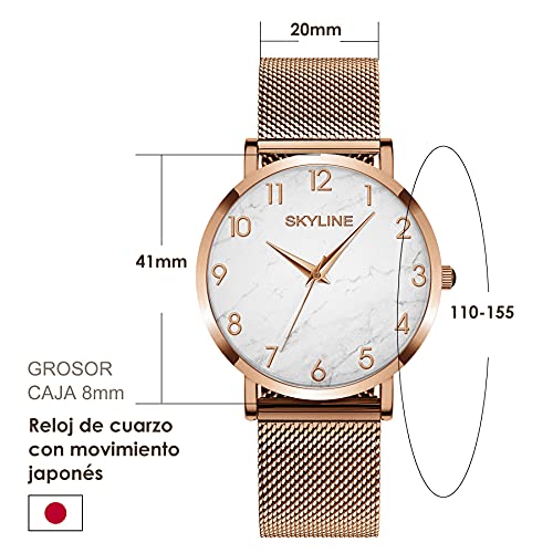 SKYLINE, Reloj de Pulsera para Mujer, Acero Inoxidable, Correa Estilo Malla, Pila Extra, Diseño Elegante Ideal para Uso Diario, Regalo en Fechas Especiales, Diseño de Europa