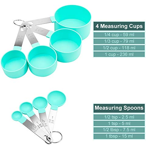 SNUNGPHIR Juegos de 8 Cucharas Medidoras, Taza y Cuchara de Medición con Mango de Acero Inoxidable, Medidores Cocina para Medir Líquidos y Los Ingredientes