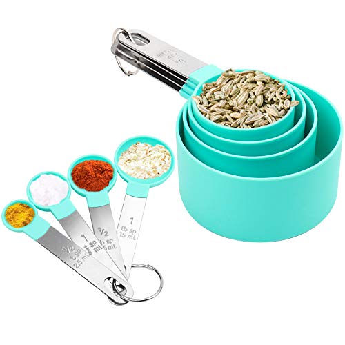 SNUNGPHIR Juegos de 8 Cucharas Medidoras, Taza y Cuchara de Medición con Mango de Acero Inoxidable, Medidores Cocina para Medir Líquidos y Los Ingredientes