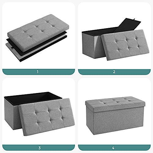 SONGMICS Banco con Espacio de Almacenamiento, Cofre, Taburete, Caja de Almacenamiento, Reposapiés, Plegable, Capacidad de Carga hasta 300 kg, 80 L, 76 x 38 x 38 cm, Lmitación Lino, Gris Claro LSF47G