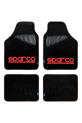 Sparco SPC1903 Juego de Alfombra moqueta color negro con logo Azul con talonera universal, Rojo