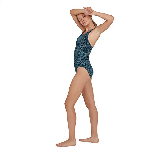 Speedo Boomstar Allover Muscleback Bañador de Mujer para Natación, Color Azul Marino/Azul Piscina, Talla 34