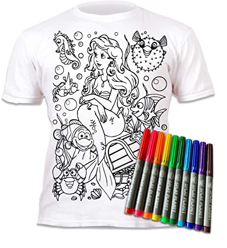 Splat Planet Camiseta Sirena para niñas. con impresión para Pintar y Colorear. Incluye 6 Colores mágicos Lavables. Cumpleaños Infantil 7-8 años