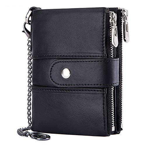 TEUEN Cartera Hombre Cuero Pequeña Billetera Cremallera para Hombre con Monedero Muchos Compartimentos, RFID Bloqueo Carteras Piel Bolsillo Hombre con Cadena 16 Ranuras para Tarjetas (Negro)