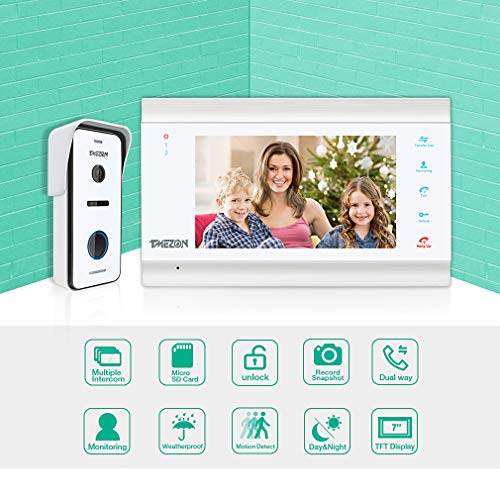 TMEZON Videoportero Timbre Video Sistema Intercomunicador, Monitor 1080P 7 zoll y Timbre con Cable para 1 Familia, tecnología de 4 Cables,Botón táctil, visión Nocturna, instantánea/grabación,Blanco