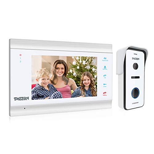 TMEZON Videoportero Timbre Video Sistema Intercomunicador, Monitor 1080P 7 zoll y Timbre con Cable para 1 Familia, tecnología de 4 Cables,Botón táctil, visión Nocturna, instantánea/grabación,Blanco