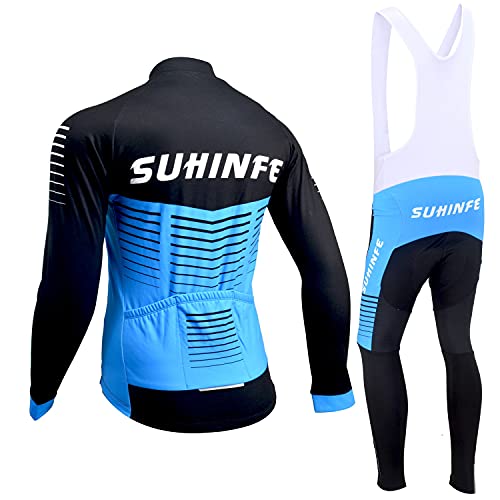 Traje Ciclismo Hombre Invierno, Maillot Ciclismo Manga Larga con vellón Térmico y Pantalón de Ciclismo Acolchado Grueso para Bicicleta, Azul, 2XL