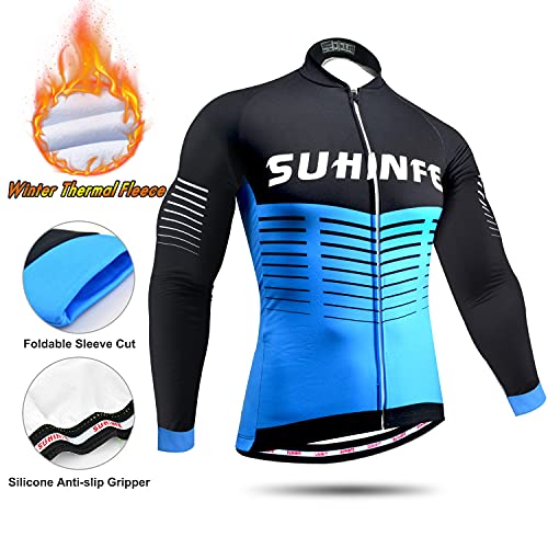 Traje Ciclismo Hombre Invierno, Maillot Ciclismo Manga Larga con vellón Térmico y Pantalón de Ciclismo Acolchado Grueso para Bicicleta, Azul, 2XL