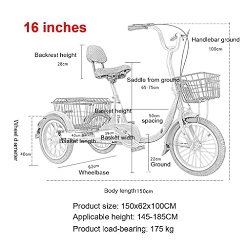 Triciclo para Adultos Bicicleta Triciclo Adulto De 16 Pulgadas Título De Doble Frenos con Cesta Tres Bicicletas De Ruedas Cruise para Personas Mayores, Mujeres, Hombres(Color:Azul-B)