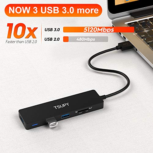 TSUPY HUB USB 3.0, Adaptador USB 3.0 con 3 Puertos USB 3.0 y Lector de Tarjetas SD/Micro SD,Transferencia de Datos 5Gbps para PC y Chromebook, Surface Pro 3, iMac de Mac OS, Linux y Windows XP y más